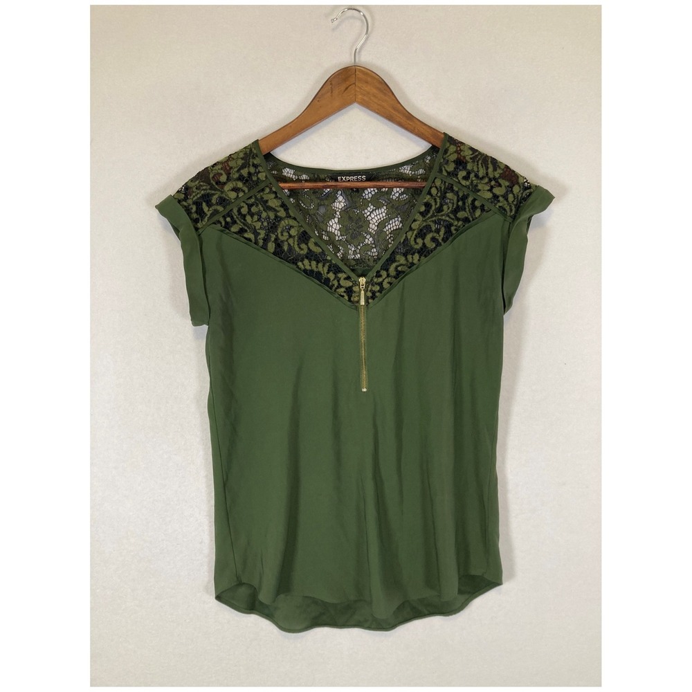Boho Express Women Size S Olive Green Lace Yoke Gold Zip Cap Sleeve Blouse Top